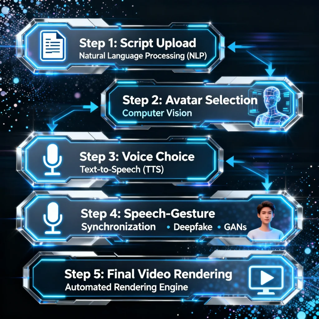 An illustrated flow diagram showing how AI Video Avatars are created through a series of steps: script upload, avatar selection, voice choice, synchronization of speech and gestures, and automatic rendering. Key technology icons include NLP, TTS, computer vision, and GANs, depicted with modern digital graphics.﻿