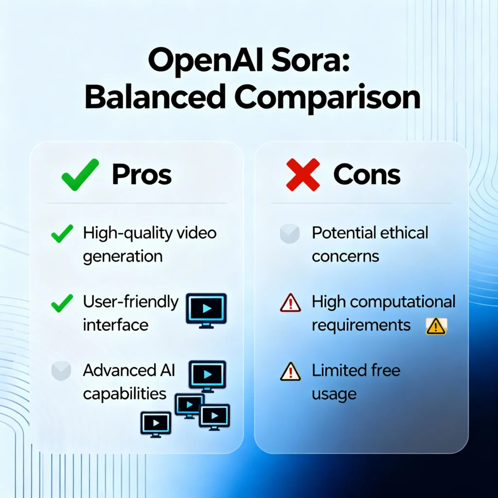 OpenAI Sora 2025 – Complete Beginner to Pro Guide Infographic showing pros and cons of OpenAI Sora AI video creation software with icons for advantages and disadvantages