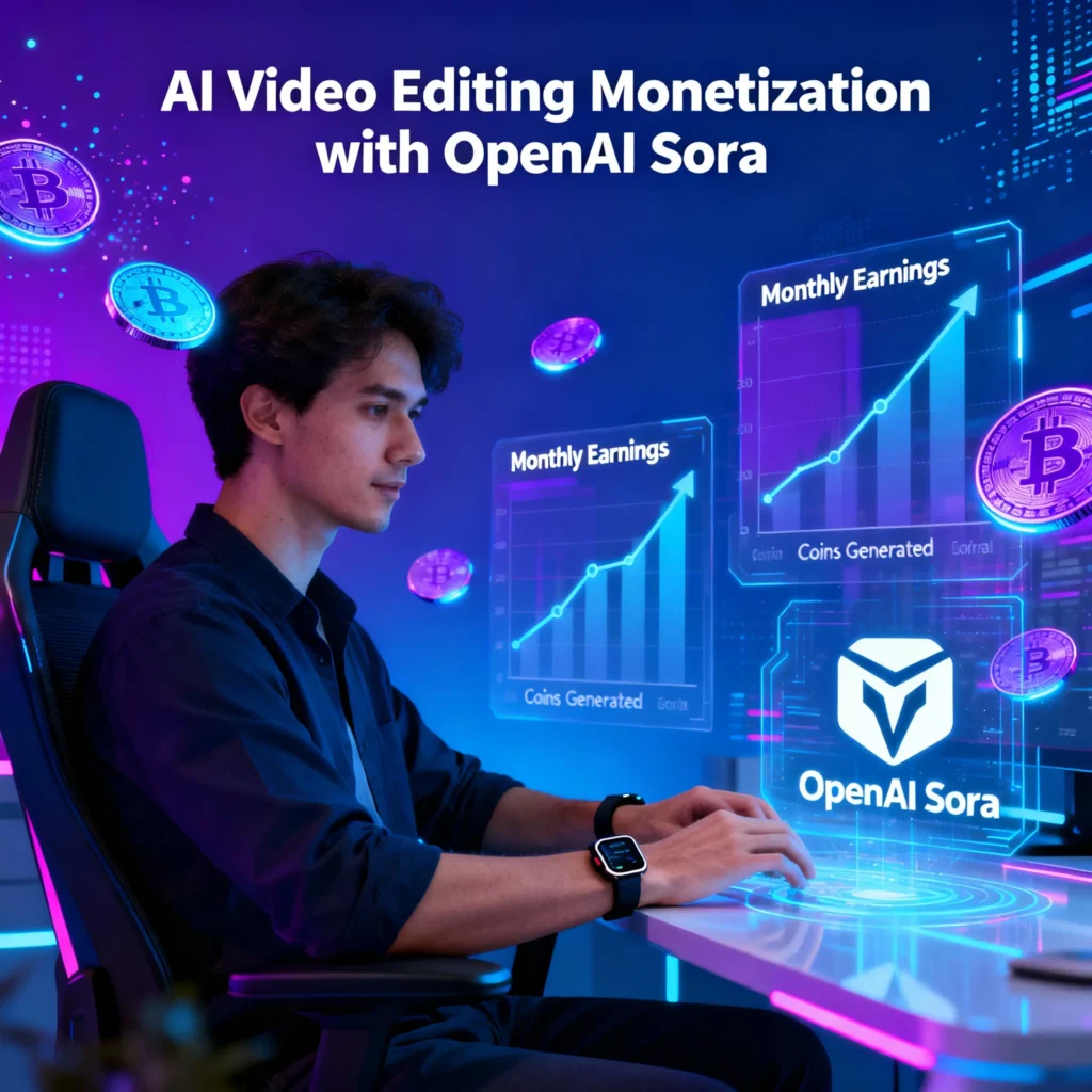 OpenAI Sora 2025 – Complete Beginner to Pro Guide Content creator earning money by monetizing AI video editing skills with OpenAI Sora in a modern digital workspace