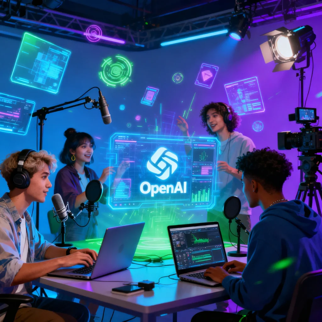OpenAI Sora 2025 – Complete Beginner to Pro Guide Diverse group of video creators working with OpenAI Sora AI video editing software in a modern creative studio setting