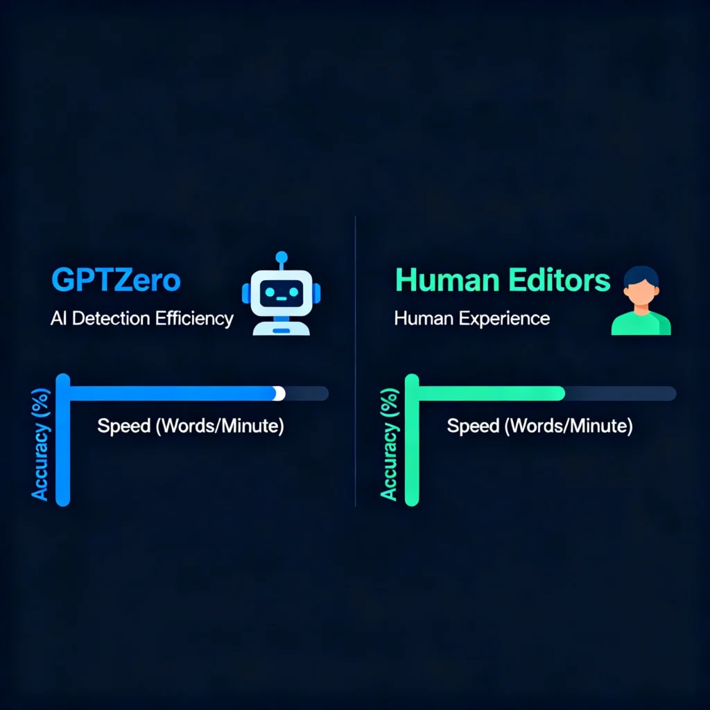 Comparison diagram showing GPTZero AI detection alongside human editors with metrics for speed, accuracy, and efficiency