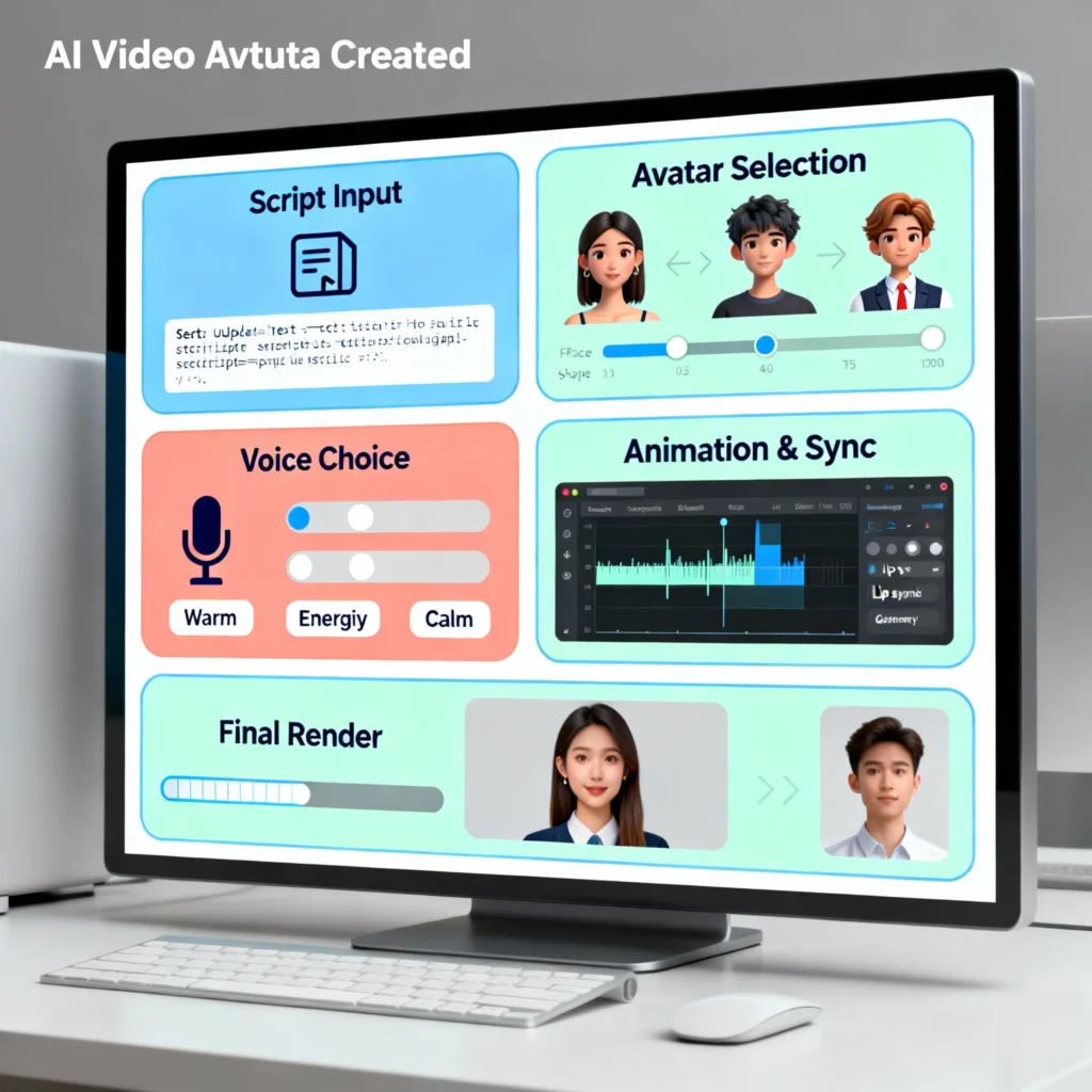 Step-by-step visual guide illustrating the process to create an AI Video Avatar, including script input, avatar selection, voice choice, animation and synchronization, and final rendering on a computer interface.﻿