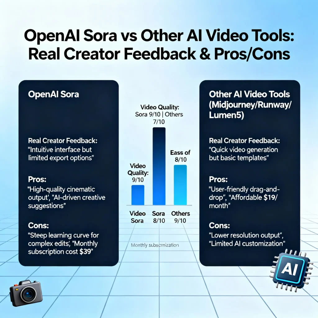 OpenAI Sora 2025 – Complete Beginner to Pro Guide Infographic comparing OpenAI Sora with other AI video tools, showing real user feedback, pros, and cons for 2025