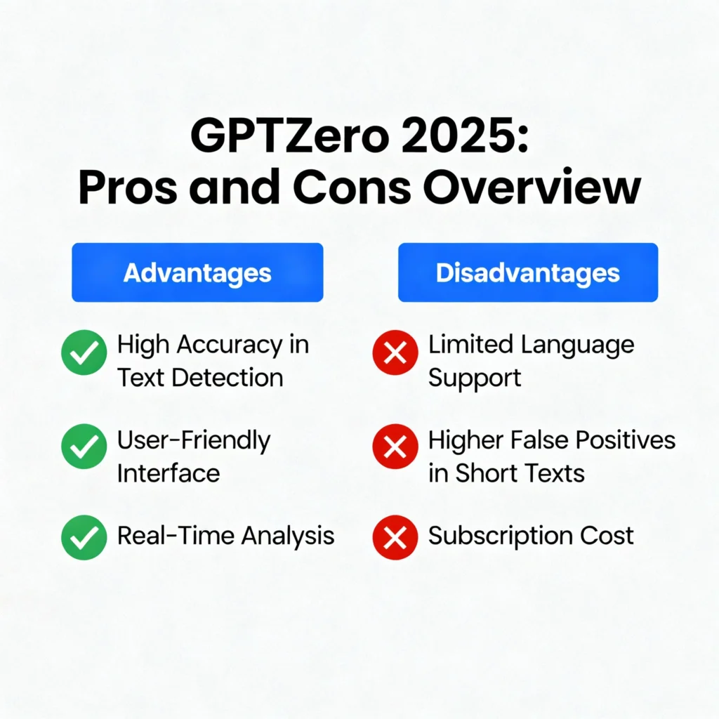 Infographic showing check marks for GPTZero 2025 advantages and cross marks for its disadvantages 