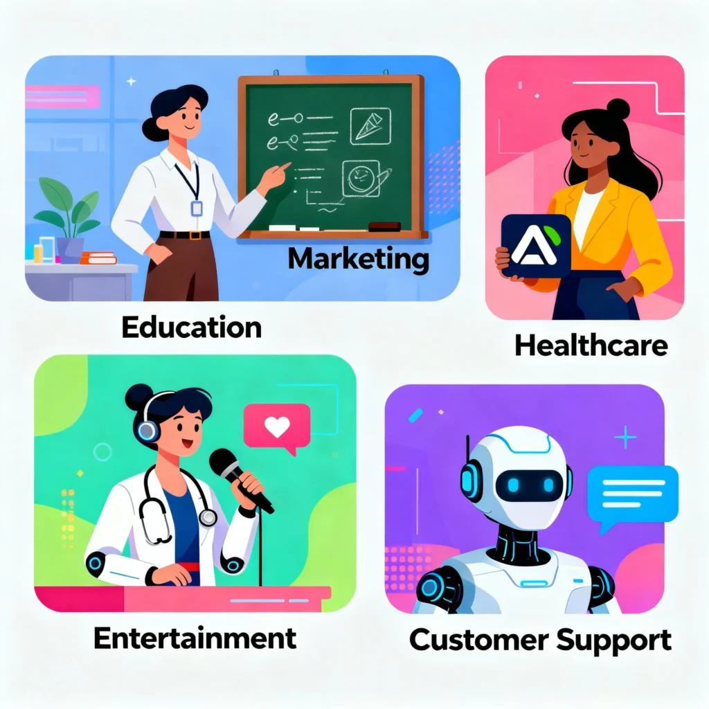 Illustration featuring AI avatars in various industry roles: a digital teacher in education, brand spokesperson in marketing, virtual healthcare assistant, animated host in entertainment, and a chat avatar for customer support—each scenario represented visually with industry-relevant icons.﻿