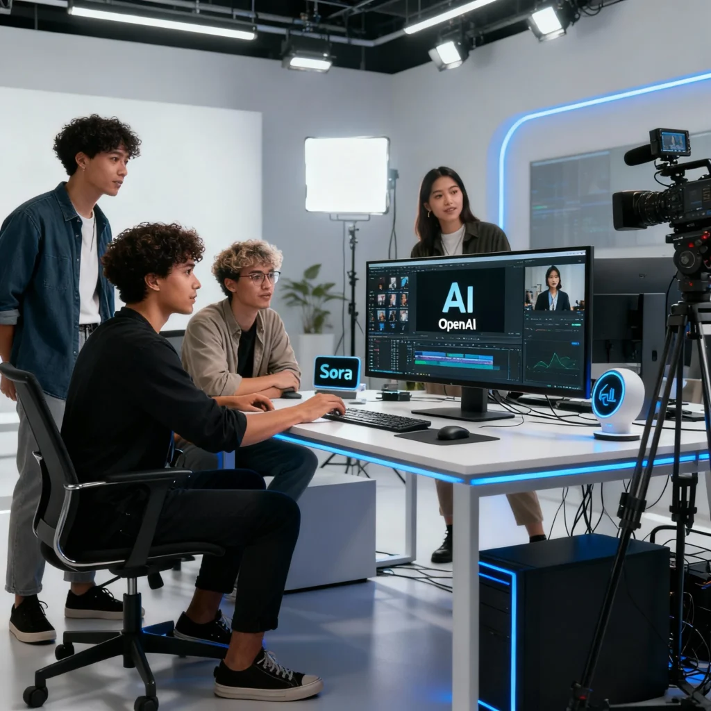 OpenAI Sora 2025 – Complete Beginner to Pro Guide Diverse team of professional video creators working with OpenAI Sora AI video editing tools in a high-tech collaborative studio