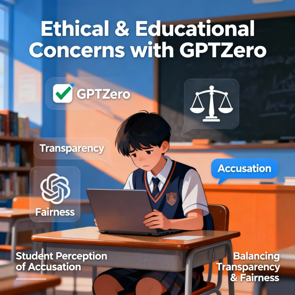 Illustration showing a student facing ethical concerns with GPTZero in an educational setting emphasizing fairness and transparency