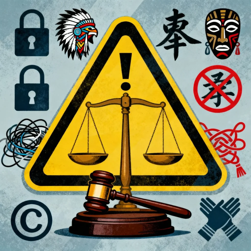 An illustration showing scales of justice, a gavel, and cultural symbols representing ethical, legal, and cultural challenges faced by AI video avatars. Visual cues include privacy locks, warning signs, and diverse cultural icons highlighting risks related to deepfakes, consent, bias, and job displacement.﻿