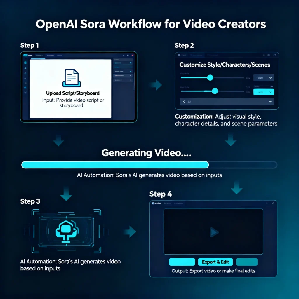OpenAI Sora 2025 – Complete Beginner to Pro Guide Infographic showing the stepwise working process of OpenAI Sora AI video editing tool for creators, with automation and user interface steps