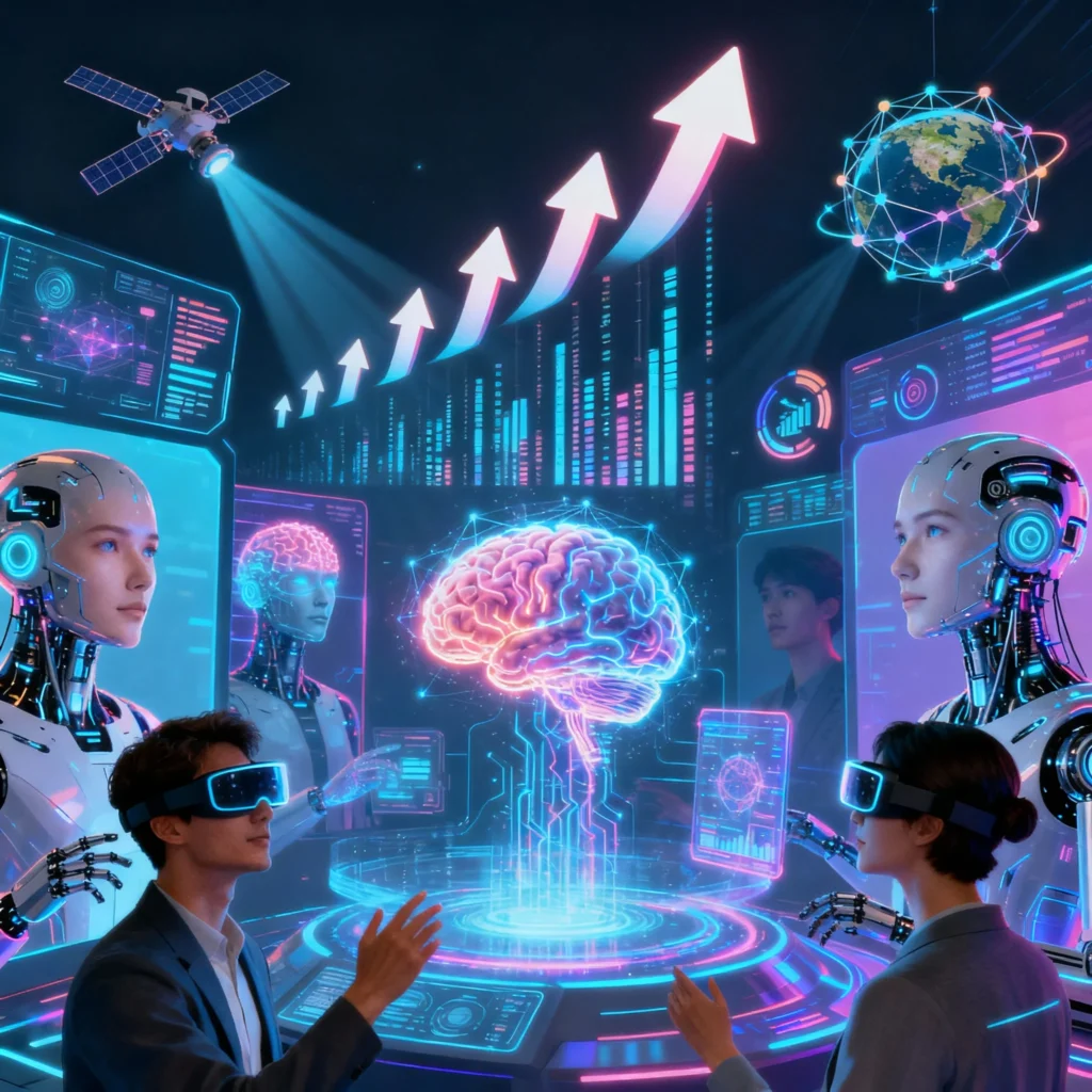  Advanced futuristic scene with ultra-realistic AI video avatars interacting with humans in virtual and augmented reality environments. Features holograms, AI brain icons, and global connectivity symbols indicating innovation and technological growth.﻿