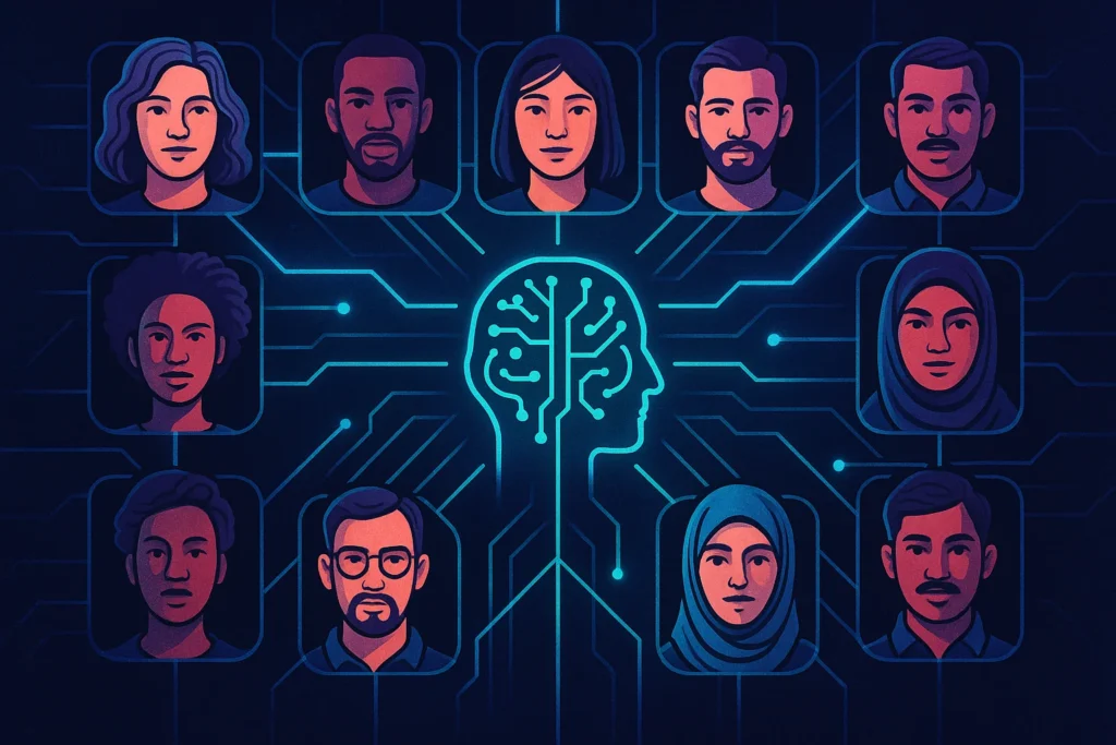 Perplexity AI Latest Version (2025) Diverse human faces connected via AI network showing algorithmic bias.