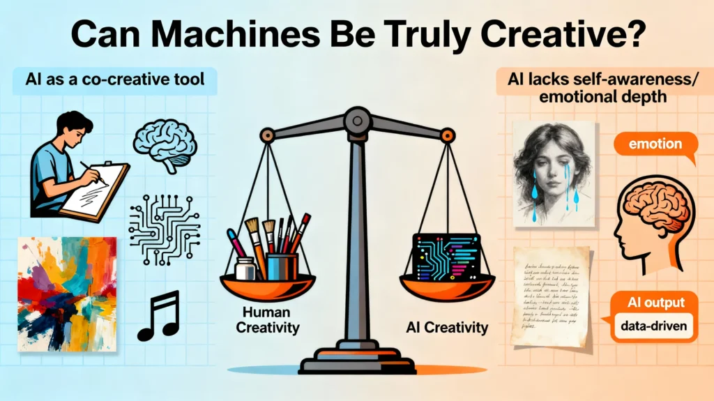 Artistic concept of AI and human painting on the same digital canvas.