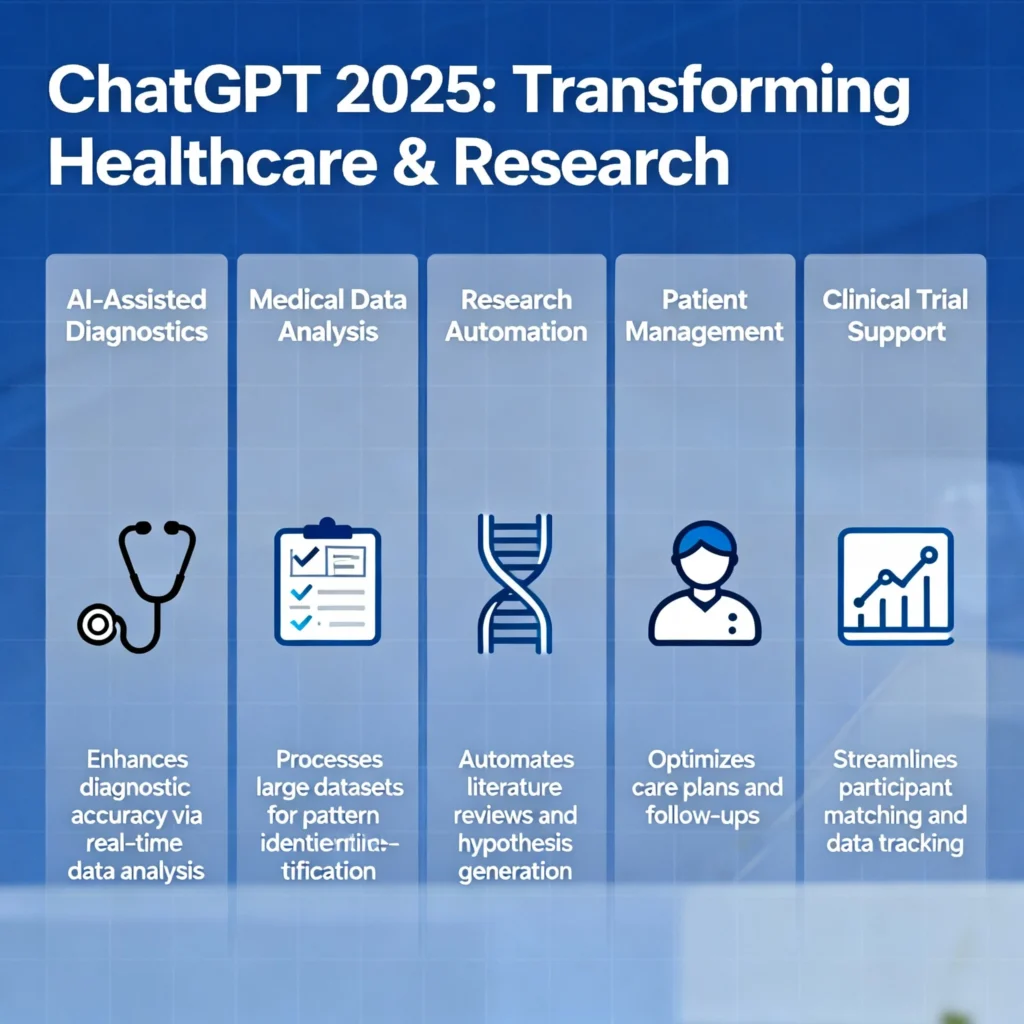 ChatGPT 2025 (GPT-5) – New Features, Ethical Implications & Data Privacy Risks Explained Infographic depicting ChatGPT 2025’s capabilities in healthcare and research, including AI-assisted diagnostics, medical data analysis, clinical trial support, patient management systems, and research automation, with icons of stethoscopes, DNA, and medical charts.