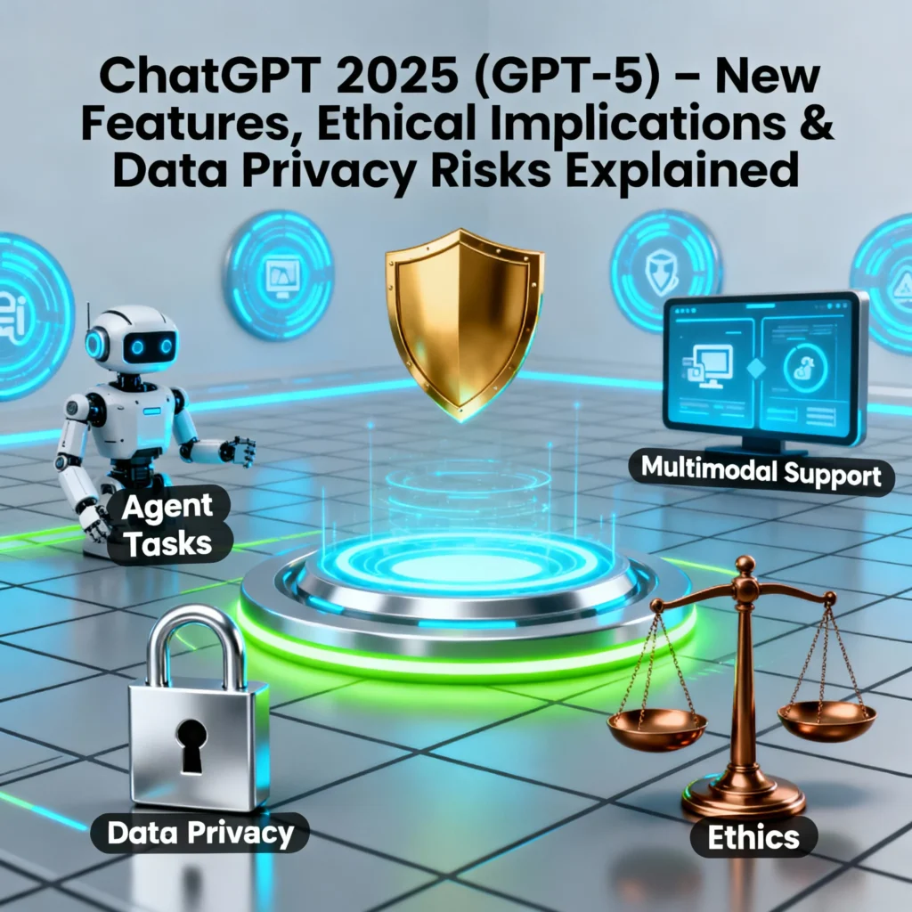 ChatGPT 2025 (GPT-5) – New Features, Ethical Implications & Data Privacy Risks Explained ChatGPT 2025 dashboard visualizes new AI features and agentic capabilities, with icons for privacy, ethics (scales), and data protection (shield, lock) highlighting ethical concerns and data privacy risks.