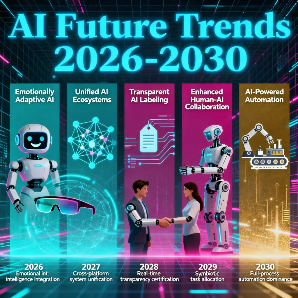 ChatGPT 2025 (GPT-5) – New Features, Ethical Implications & Data Privacy Risks Explained Futuristic infographic showcasing future AI trends from 2026 to 2030 including emotionally adaptive AI, unified AI systems, transparent AI labelling, enhanced human-AI collaboration, and advanced AI automation depicted with bright digital icons and cyber motifs.