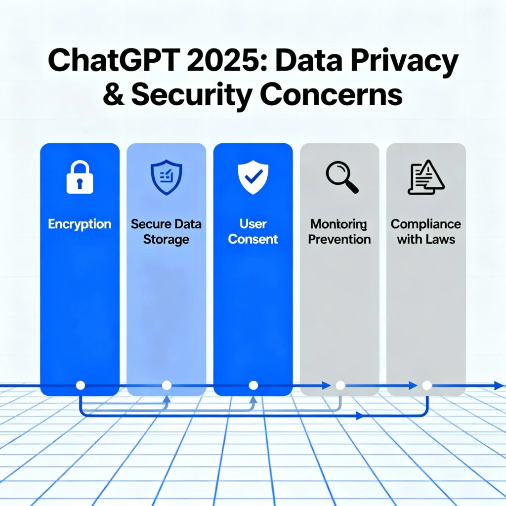 ChatGPT 2025 (GPT-5) – New Features, Ethical Implications & Data Privacy Risks Explained Infographic highlighting data privacy and security concerns in ChatGPT 2025, featuring encryption, secure data storage, user consent, monitoring systems, breach prevention, and legal compliance, illustrated with padlock, shield, and data flow symbols.