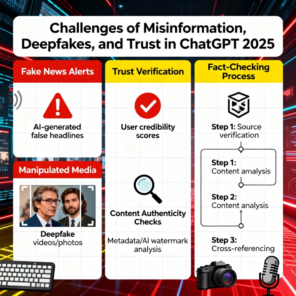 ChatGPT 2025 (GPT-5) – New Features, Ethical Implications & Data Privacy Risks Explained Infographic showing challenges of misinformation and deepfakes in ChatGPT 2025, including fake news alerts, manipulated media examples, trust verification processes, content authenticity checks, and fact-checking icons.