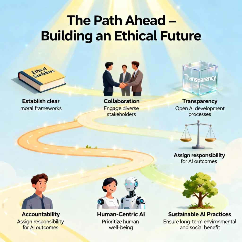 ChatGPT 2025 (GPT-5) – New Features, Ethical Implications & Data Privacy Risks Explained Inspirational infographic illustrating the path to building an ethical future with AI, featuring symbols of ethical guidelines, collaboration, transparency, accountability, human-centric AI, and sustainable practices, depicted with light beams and harmonious design.
