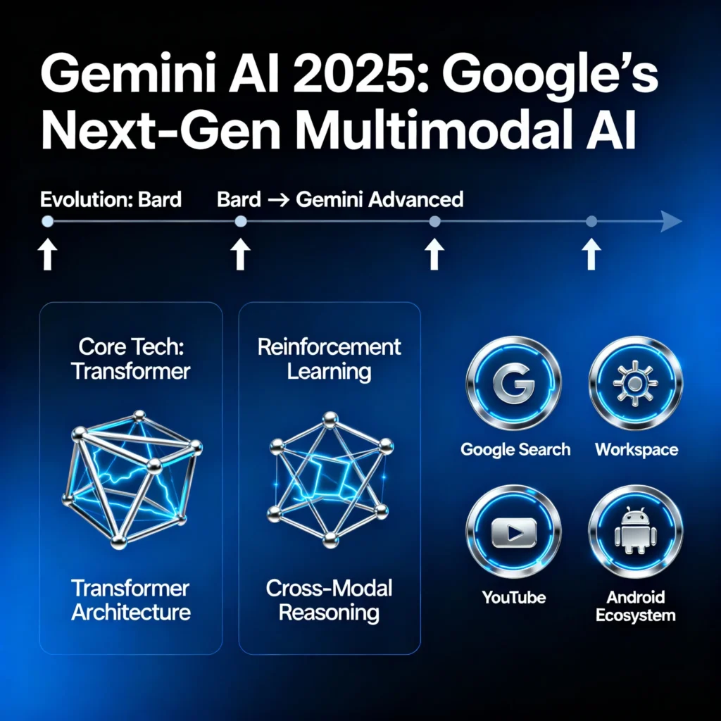 Infographic summarizing Gemini AI 2025 as Google’s next-generation AI system with multimodal capabilities including text, images, audio, video, and code. Shows it evolved from Bard to Gemini Advanced with technology like transformer architecture, reinforcement learning, and integration across Google Search, Workspace, YouTube, and Android.﻿