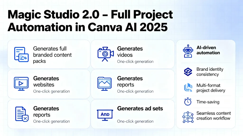 Canva Magic Studio 2.0 generating complete branded projects with AI automation.