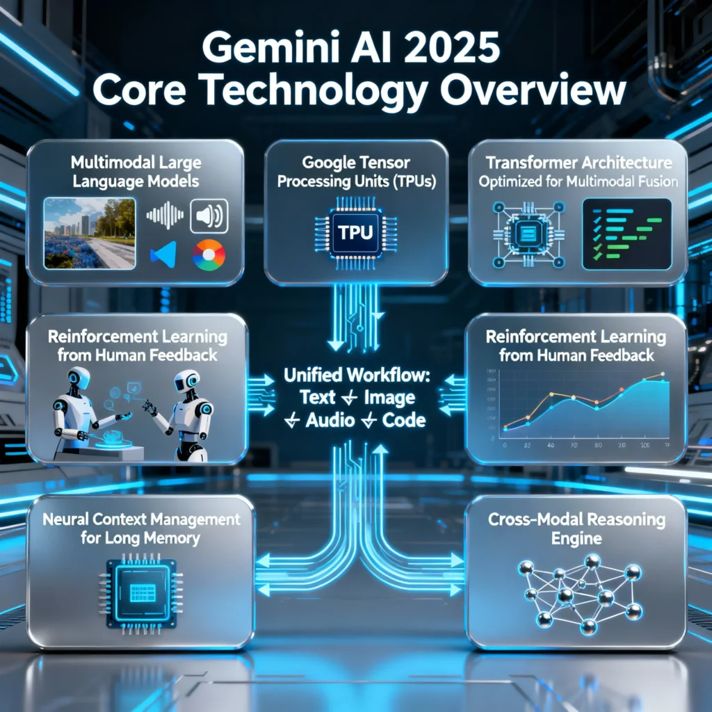 Infographic detailing the core technology behind Gemini AI 2025, showing multimodal large language models, Google Tensor Processing Units, transformer architecture for multimodal fusion, reinforcement learning from human feedback, neural context management for long-term memory, and cross-modal reasoning, integrating text, image, audio, video, and code.﻿