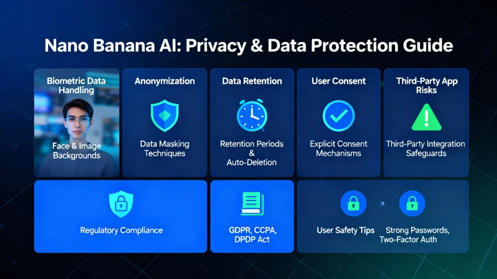 AI privacy protection visual showing biometric data locked inside digital shield with Nano Banana logo.