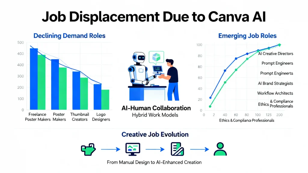 Human designer facing robotic hand symbolizing job displacement from Canva AI.
