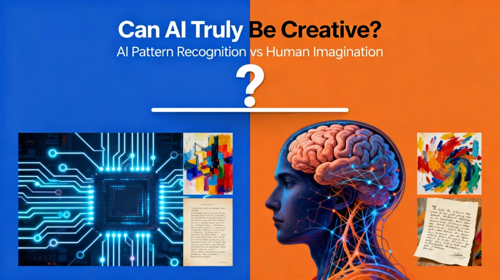 AI robot observing an art piece symbolizing the question of machine creativity.