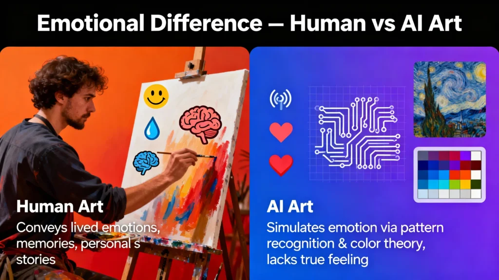 Split image showing human heart merging with digital circuits symbolizing emotion vs AI.