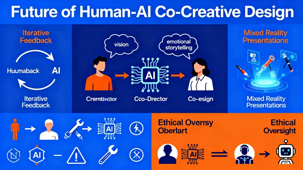 Human designer and AI system co-creating digital artwork on glowing holographic canvas.