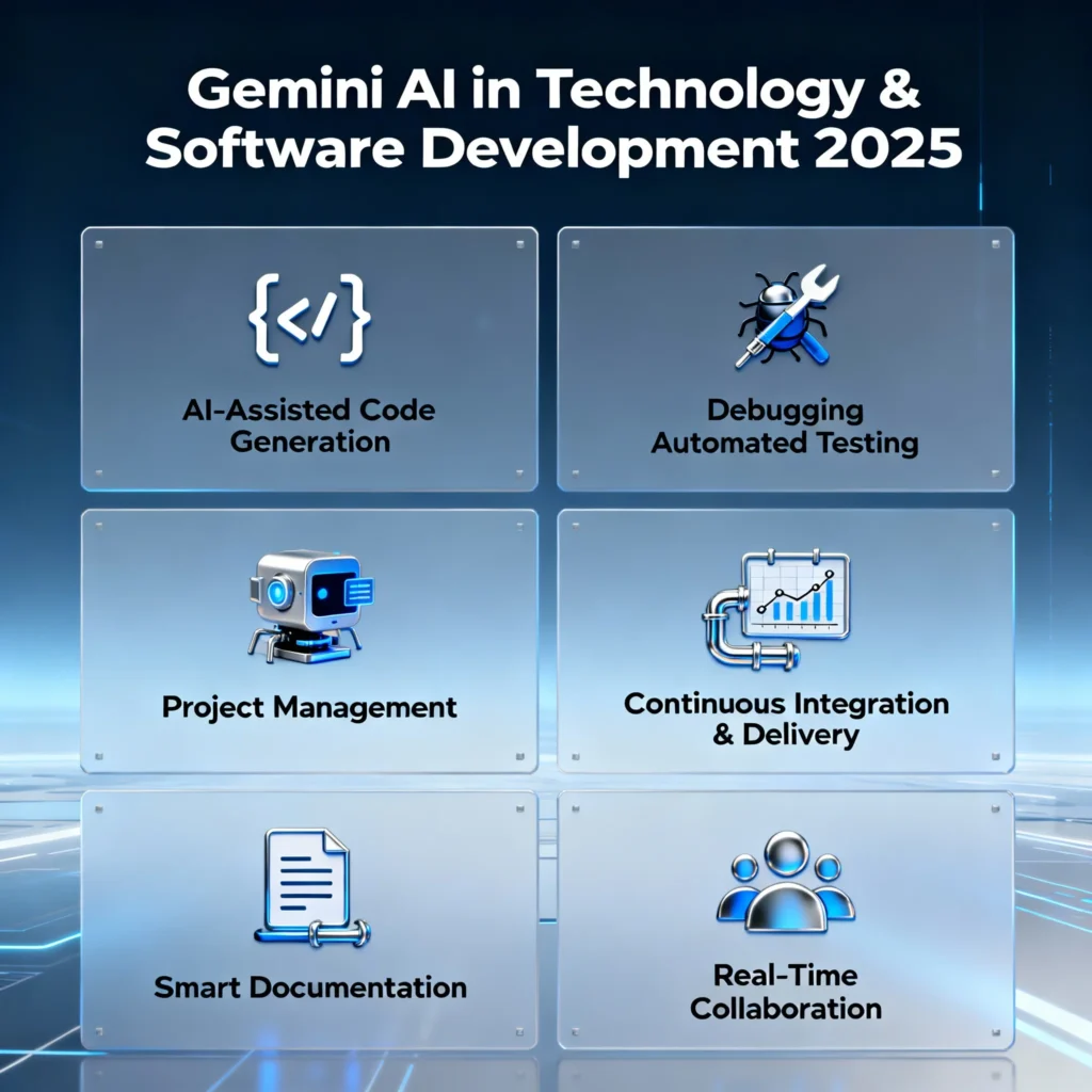 [translate:Infographic showing applications of Gemini AI in technology and software development in 2025, featuring AI-assisted code generation, debugging, automated testing, project management, continuous integration and delivery, smart documentation, and real-time team collaboration with technology icons.]
