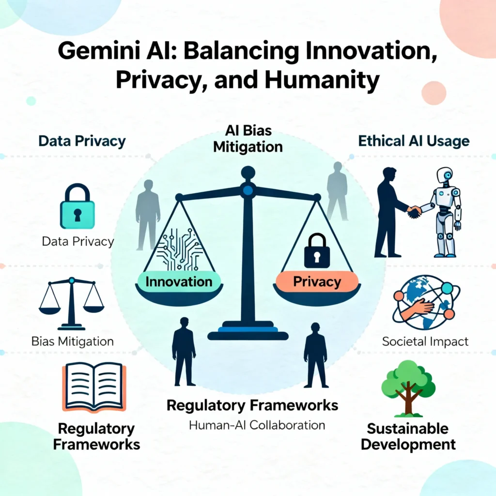 [translate:Infographic depicting the ethical, social, and future implications of Gemini AI, focusing on balancing innovation with privacy and humanity. Features symbols of data privacy, AI bias mitigation, ethical AI usage, societal impact, regulations, human-AI collaboration, and sustainable AI development.]