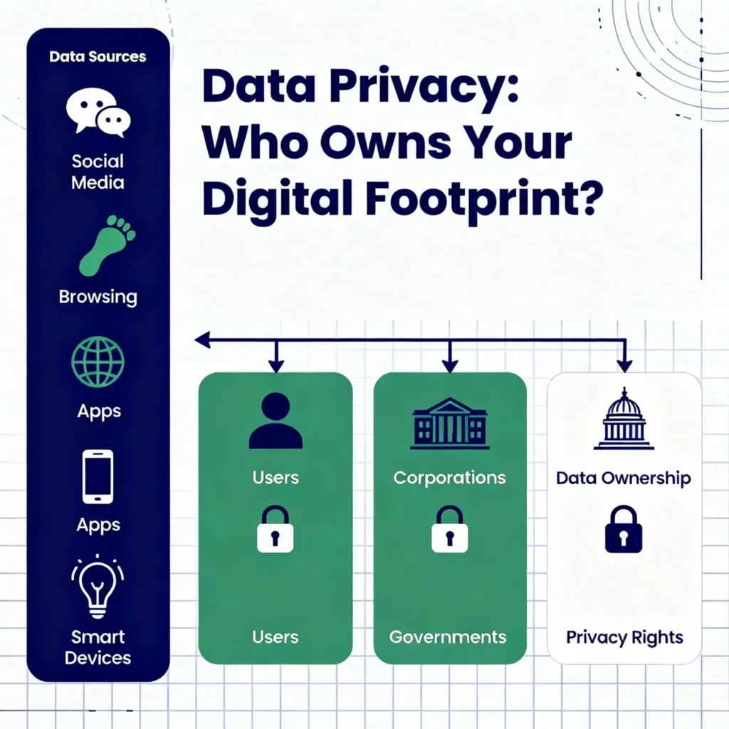 [translate:Infographic illustrating digital footprint data sources such as social media, browsing history, applications, and smart devices, and explaining data ownership roles of users, corporations, and governments, with icons representing data privacy, locks, and data flows.]