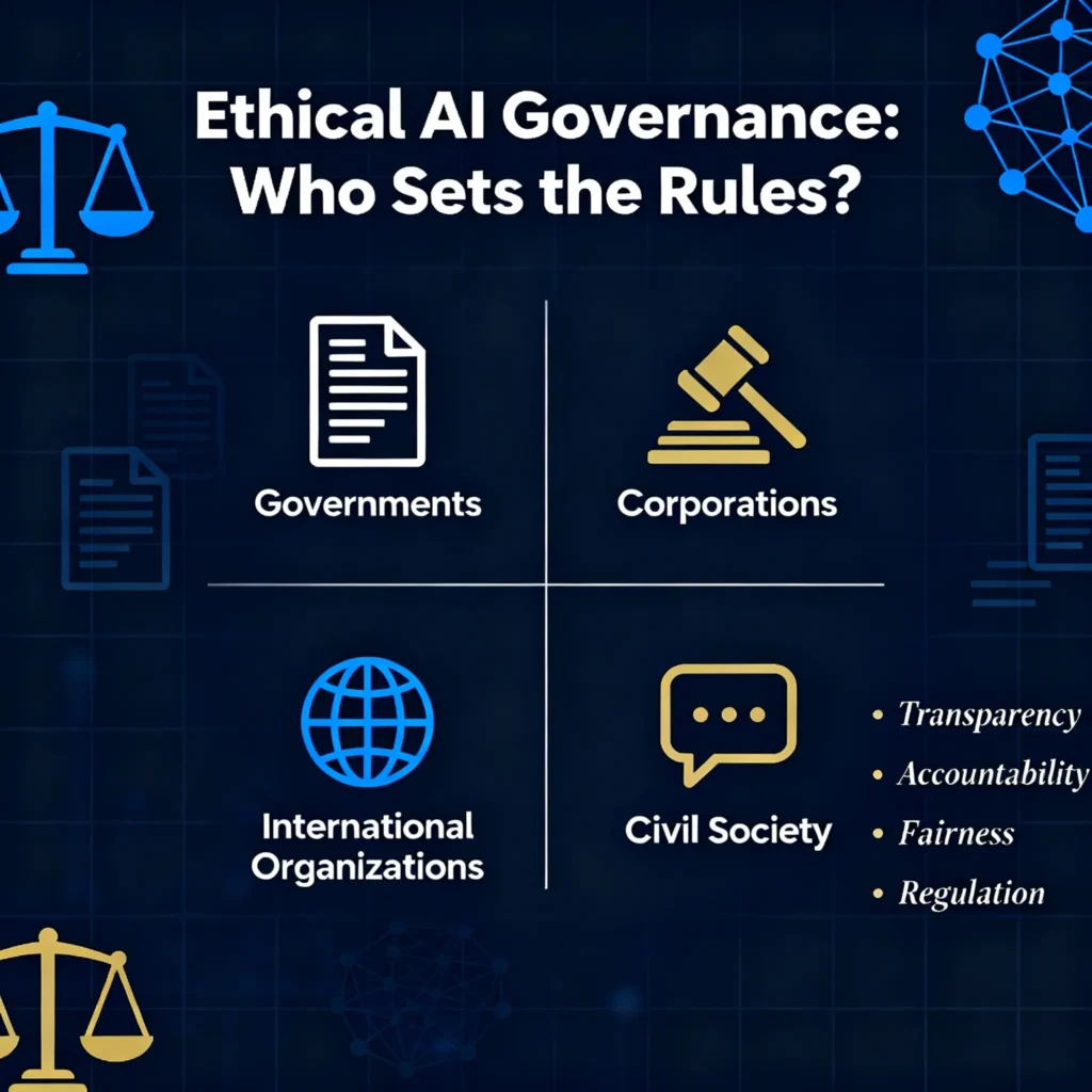 [translate:Infographic showing the stakeholders in ethical AI governance, including governments, corporations, international bodies, and civil society, with icons representing laws, policies, ethics committees, and public consultations. Emphasizes transparency, accountability, fairness, and regulation in AI governance.]