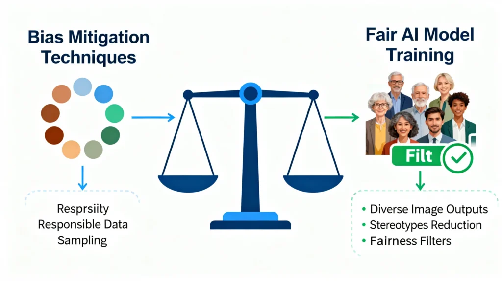 AI system analyzing diverse human faces ensuring fairness in Nano Banana AI outputs.