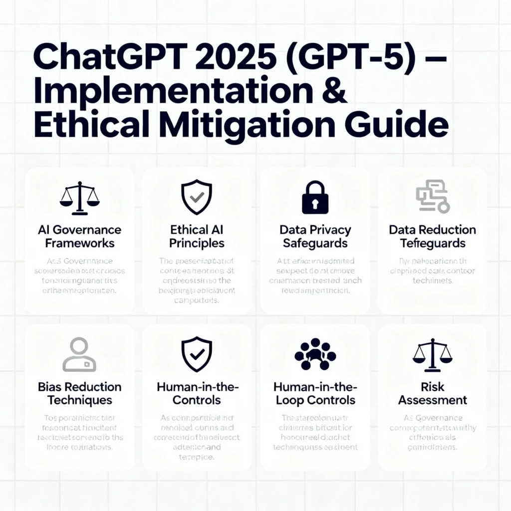 ChatGPT 2025 (GPT-5) – New Features, Ethical Implications & Data Privacy Risks Explained Infographic displaying implementation steps and ethical mitigation strategies for ChatGPT 2025. Visual elements include governance frameworks, data privacy locks, ethical balance scales, bias reduction icons, human-in-the-loop teamwork, and risk assessment charts.
