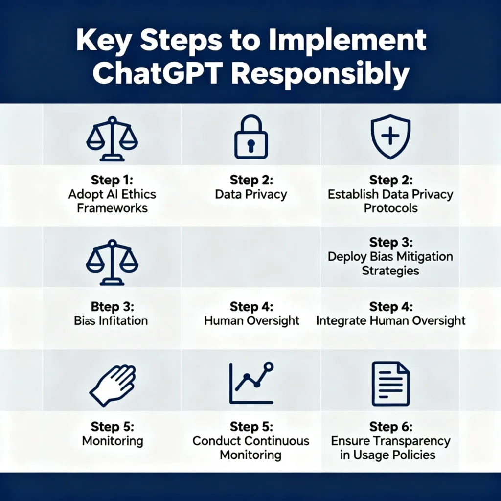 ChatGPT 2025 (GPT-5) – New Features, Ethical Implications & Data Privacy Risks Explained Infographic depicting key steps to responsibly implement ChatGPT, highlighting ethical AI frameworks, data privacy measures, bias reduction techniques, human oversight, continuous monitoring, and transparent communication protocols.