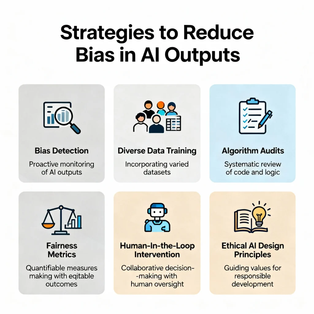 ChatGPT 2025 (GPT-5) – New Features, Ethical Implications & Data Privacy Risks Explained Infographic illustrating key strategies to identify and reduce bias in AI outputs, including bias detection tools, diverse training datasets, algorithm audits, fairness metrics, human review, and ethical AI design principles.