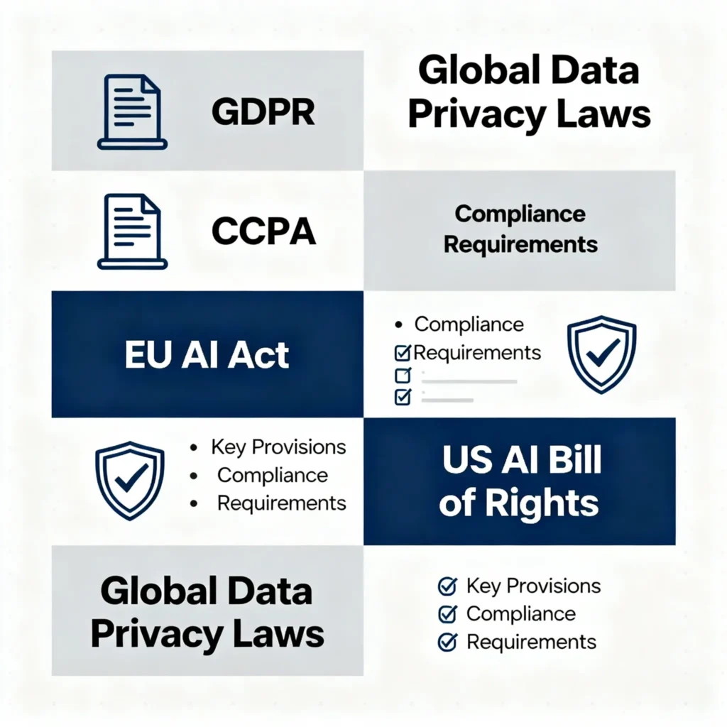 ChatGPT 2025 (GPT-5) – New Features, Ethical Implications & Data Privacy Risks Explained Infographic summarizing key legal and compliance frameworks applicable to AI, featuring GDPR, CCPA, EU AI Act, US AI Bill of Rights with icons like legal documents, shields, checkmarks, and compliance symbols.