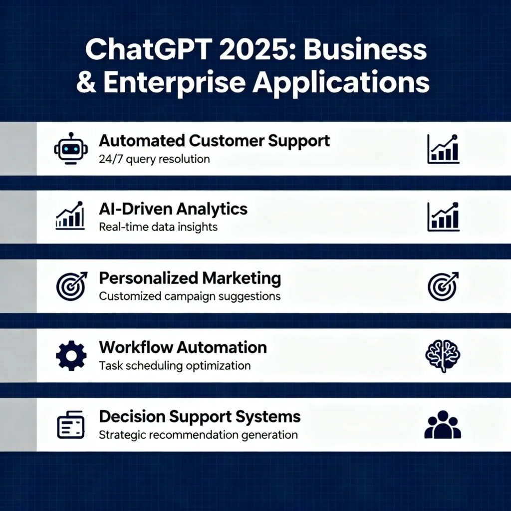 ChatGPT 2025 (GPT-5) – New Features, Ethical Implications & Data Privacy Risks Explained Infographic illustrating how ChatGPT 2025 is applied in business and enterprise settings, featuring automated customer support, AI-powered data analytics, customized marketing solutions, workflow automation, and decision-making assistance with relevant business and technology icons.