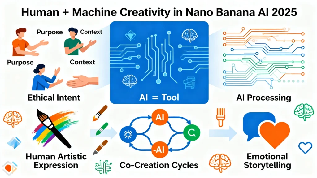 Human and AI collaboratively painting a shared artwork on futuristic holographic canvas.