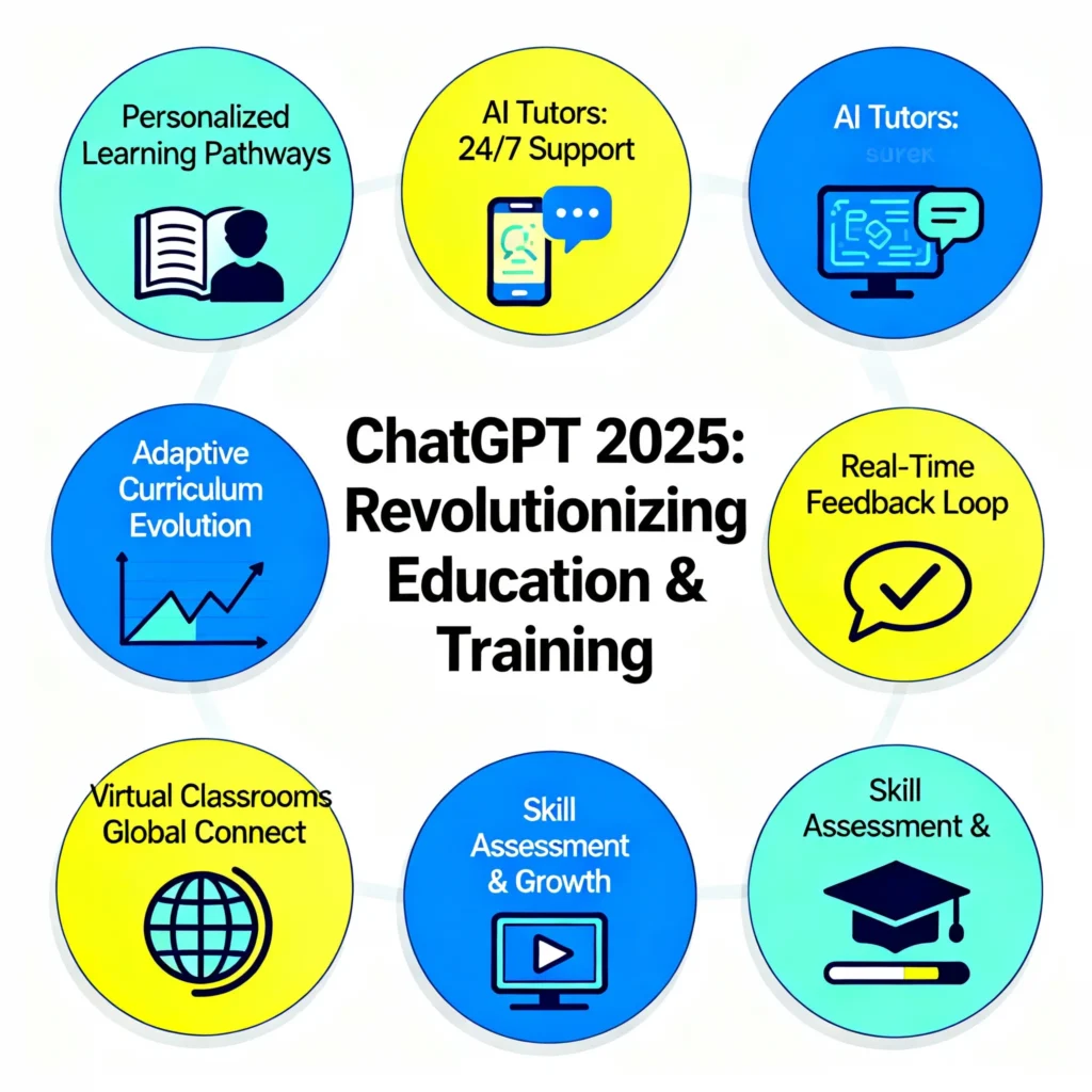 ChatGPT 2025 (GPT-5) – New Features, Ethical Implications & Data Privacy Risks Explained Infographic illustrating the transformation of education and training with ChatGPT 2025, including personalized learning paths, AI tutors, adaptive curricula, real-time feedback, virtual classrooms, and skill assessments, with bright education-themed icons.