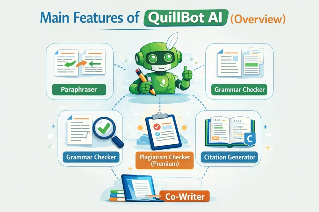 Main features of QuillBot AI writing tool explained visually.