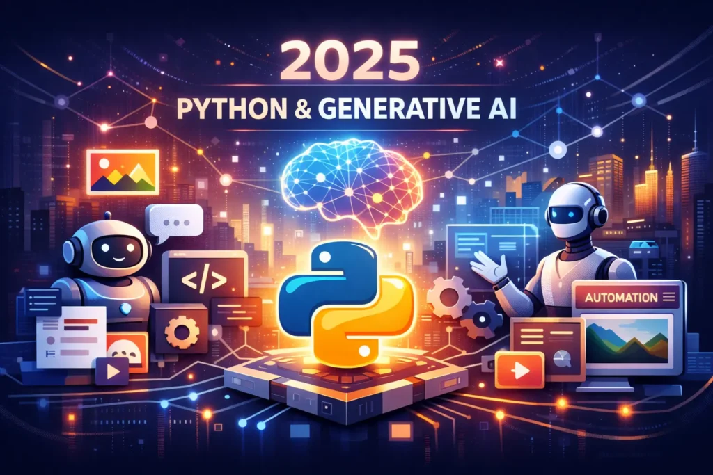 Python for Generative AI: Beginner to Pro Guide (2025 Edition) Python for Generative AI in 2025 showing AI automation, coding, and intelligent applications